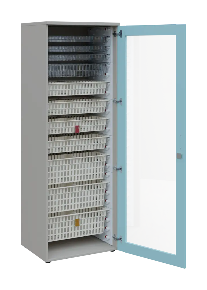 EUROMEDICA S - 66 skříň léková boxová, 1-dveřová/prosklená, pravá, 1950x660x535, korpus šedý, dvířka obloha